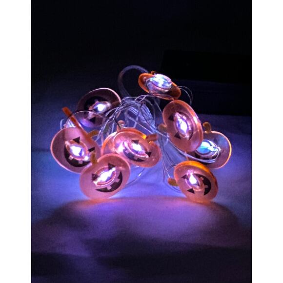 Halloween Led 10 Light Strings Lot of 4 - Lg & Sm Pumpkins Skulls Orange Lights - Picture 13 of 15